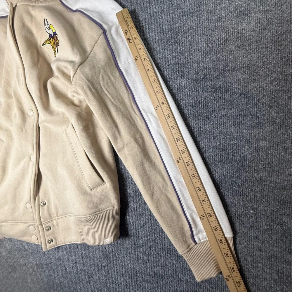 Fanatics Minnesota Vikings Womens‎ Small Varsity Jacket Tan Snap Front NFL Logo